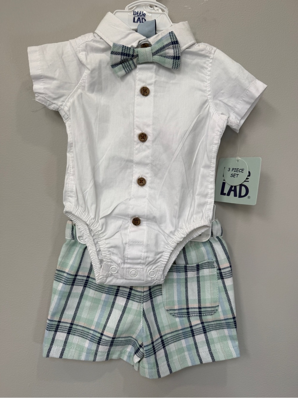 Little Lad White Bodysuit with Mint Plaid Shorts & Bow Tie